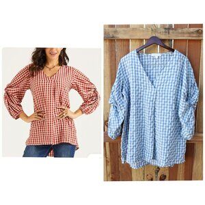 Suzanne Betro Gingham boho women's top Blue & white Twist sleeve size 2X Blouse